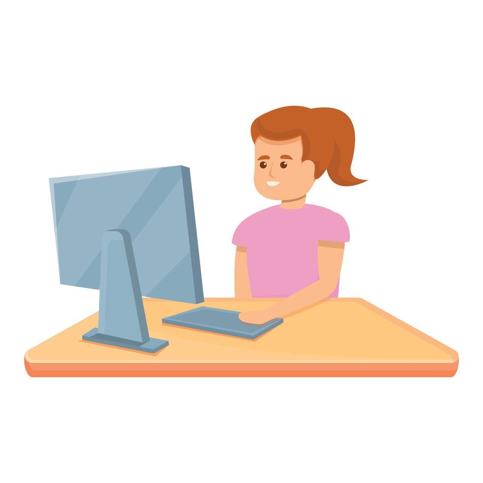 Girl home programming icon, cartoon style vector