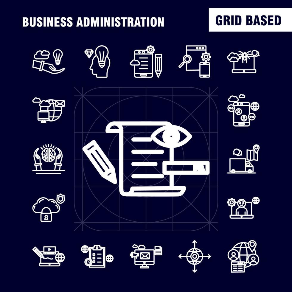 los iconos de la línea de administración de negocios establecidos para el kit de uxui móvil de infografía y el diseño de impresión incluyen el enfoque de destino flecha dirección documento archivo globo colección de internet registro infográfico moderno vector