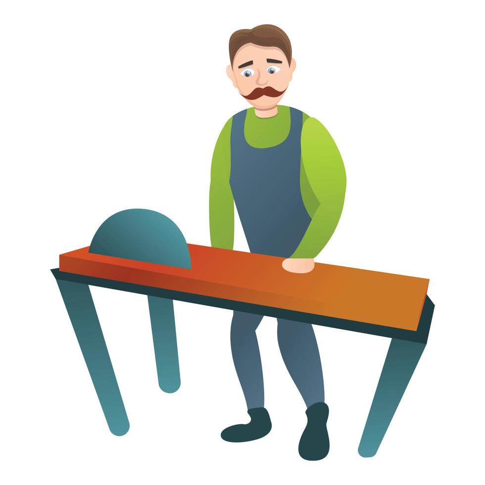 Carpenter at saw machine icon, cartoon style vector