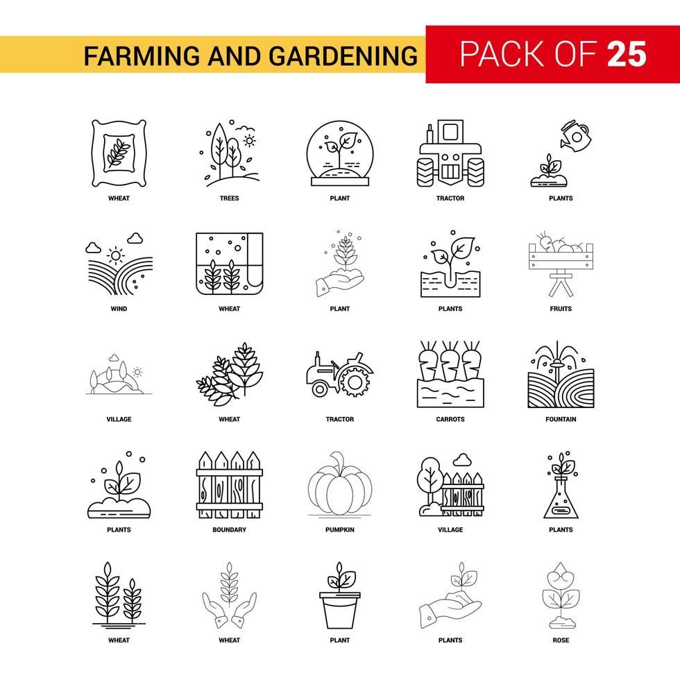 icono de línea negra de agricultura y jardinería 25 conjunto de iconos de esquema de negocios vector