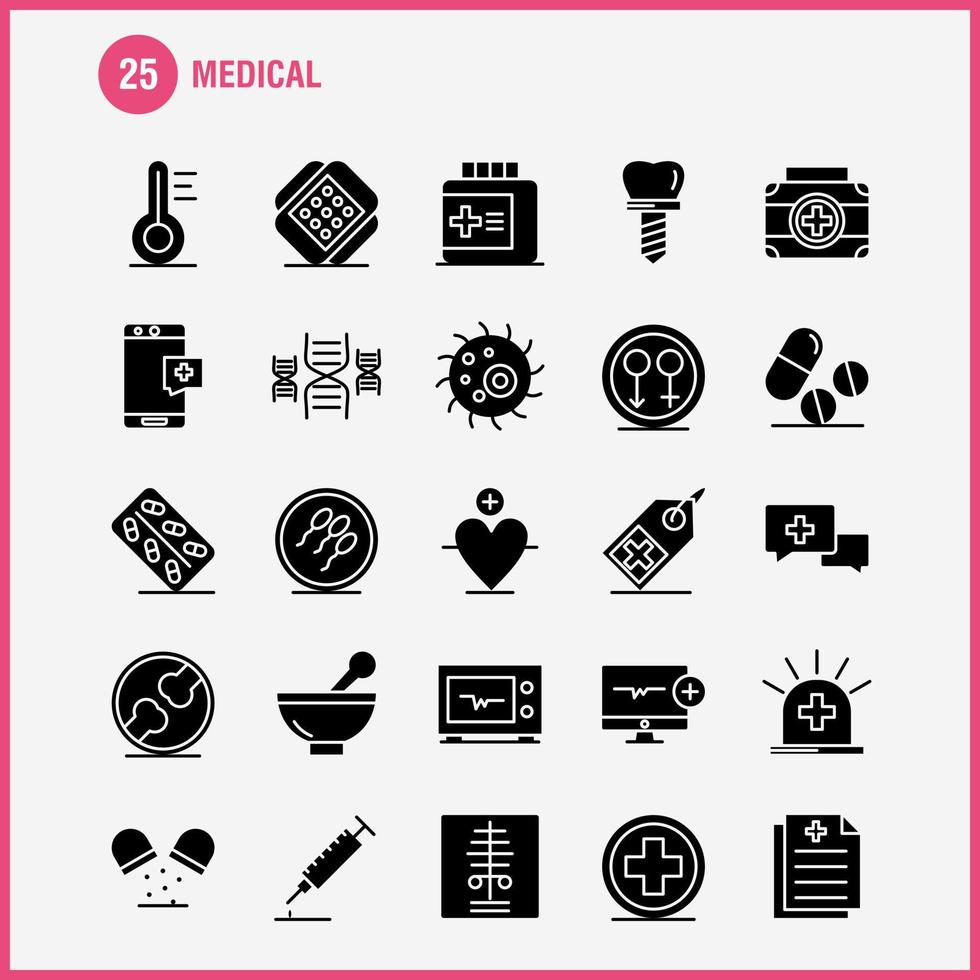 iconos de glifos sólidos médicos establecidos para infografías kit uxui móvil y diseño de impresión incluyen pulso de pulso de computadora medicamento médico píldoras médicas conjunto de iconos de hueso vector