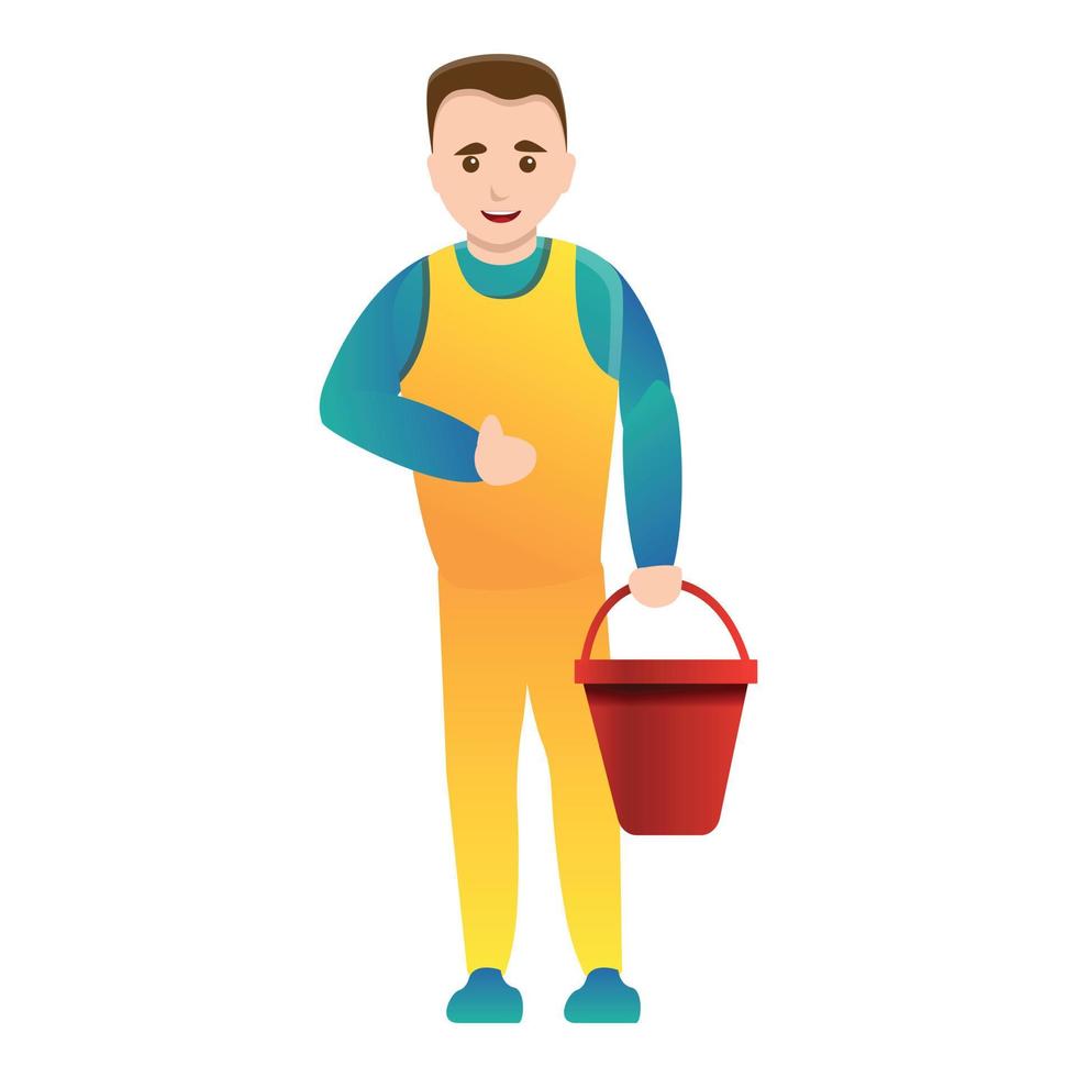 hombre más limpio con icono de cubo rojo, estilo de dibujos animados vector