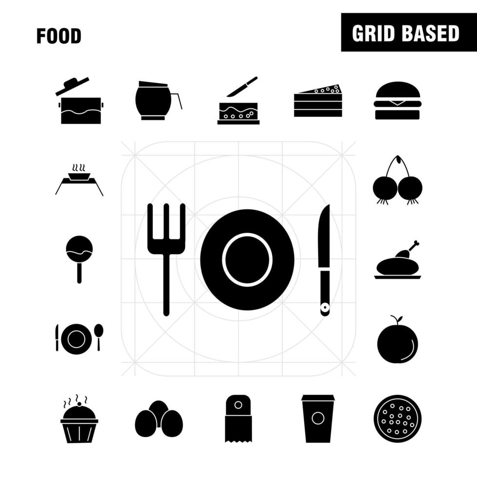 Food Solid Glyph Icons Set For Infographics Mobile UXUI Kit And Print Design Include Spice Chili Hot Pepper Cake Sweet Food Meal Collection Modern Infographic Logo and Pictogram Vector