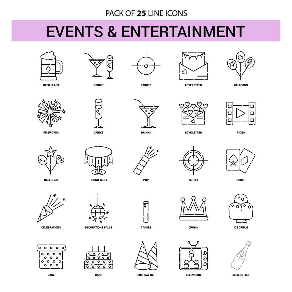 conjunto de iconos de línea de eventos y entretenimiento 25 estilo de contorno discontinuo vector