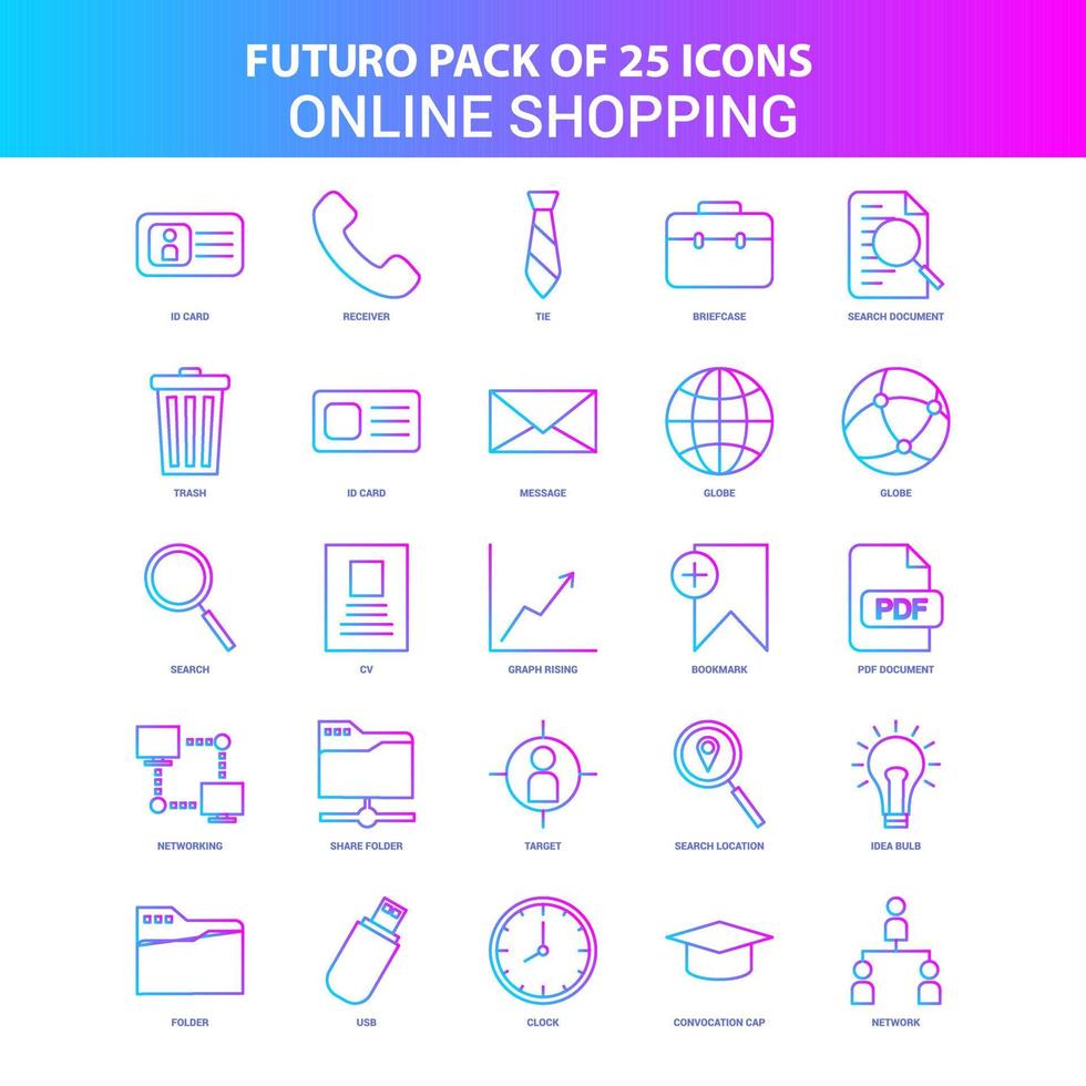 25 paquete de iconos de compras en línea futuro azul y rosa vector