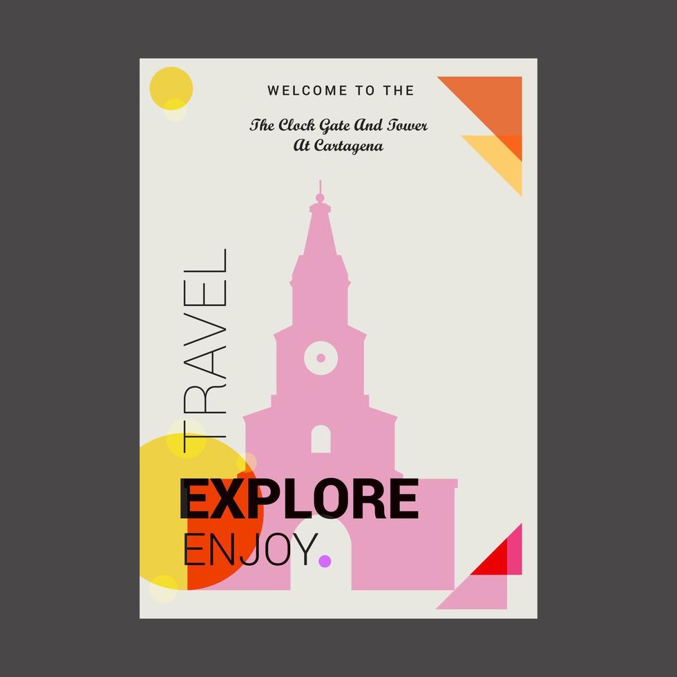 bienvenido a la puerta del reloj y la torre en cartagena bolvar colombia explore travel enjoy poster template vector