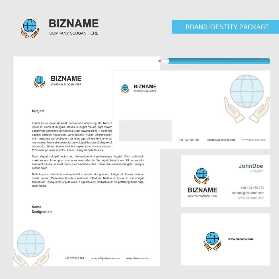 Globe in hands Business Letterhead Envelope and visiting Card Design vector template