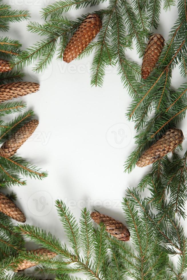 Holidays greeting card or banner composition with pine tree branches. Merry Christmas background and Happy New Year 2023. photo