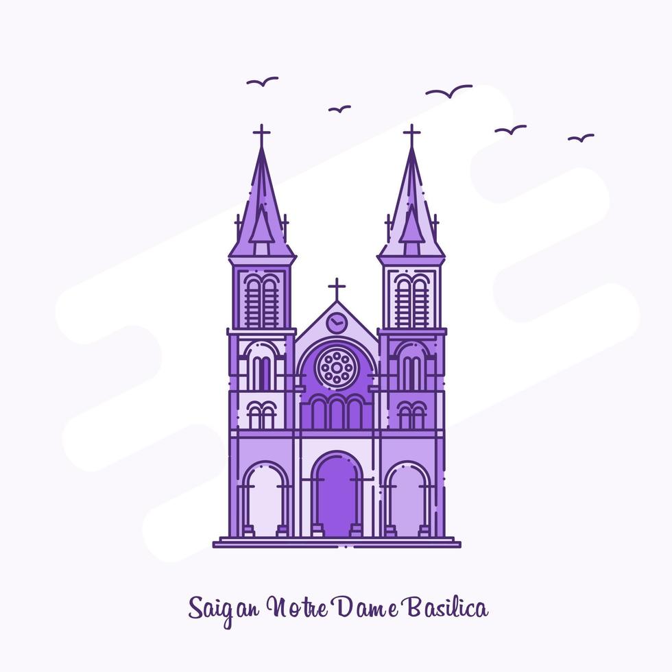 SAIGAN NOTRE DAME BASILICA Landmark Purple Dotted Line skyline vector illustration