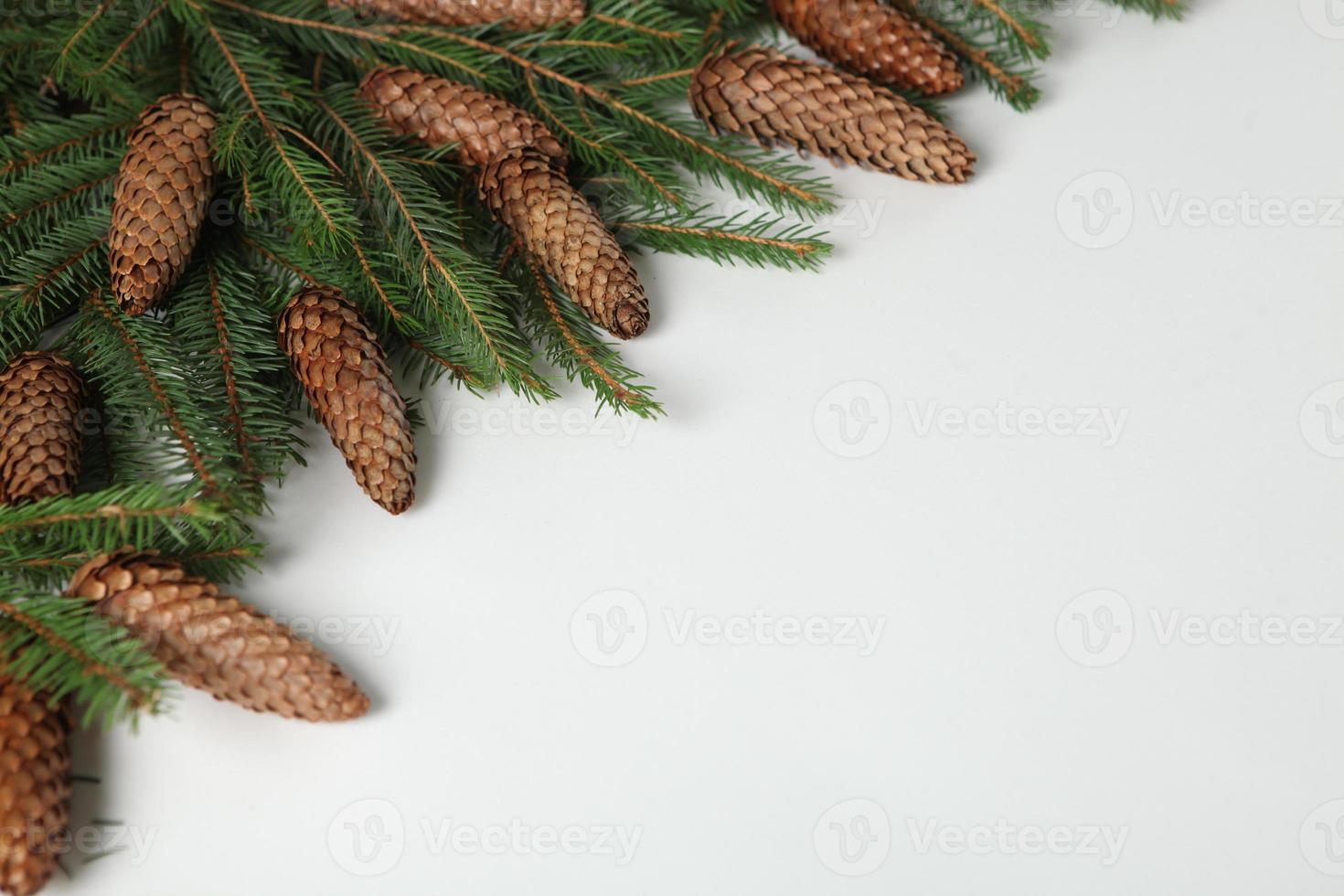 Holidays greeting card or banner composition with pine tree branches. Merry Christmas background and Happy New Year 2023. photo