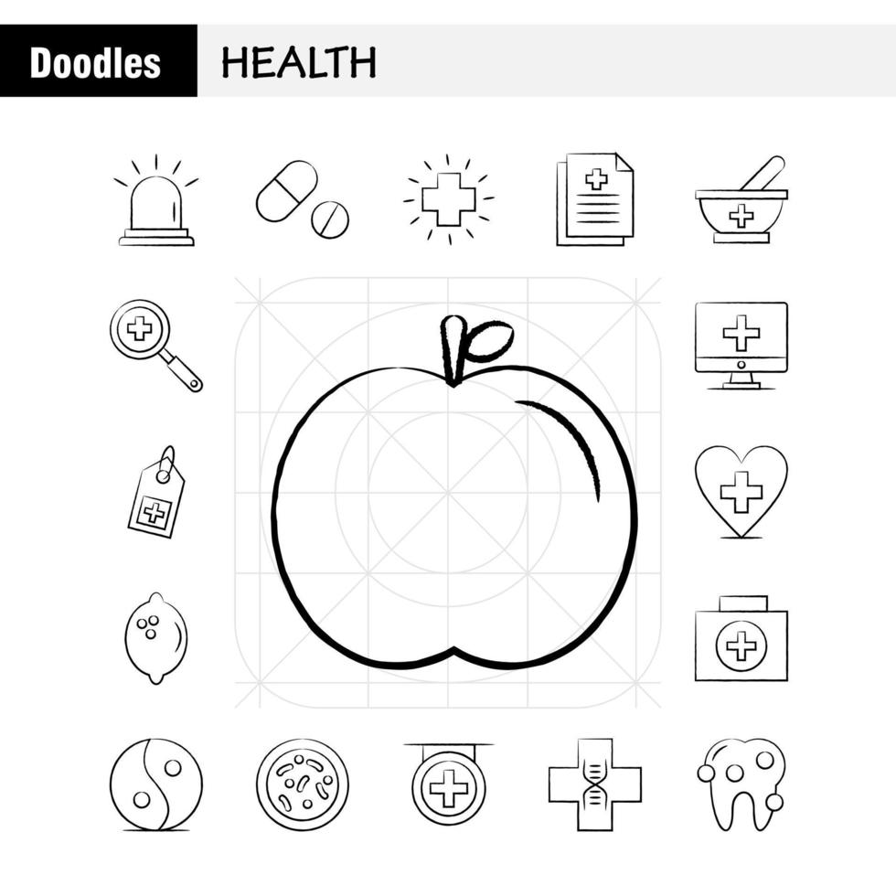 icono dibujado a mano de salud para impresión web y kit móvil uxui, como ambulancia, atención médica, hospital, píldoras médicas, tableta, medicina, paquete de pictogramas, vector