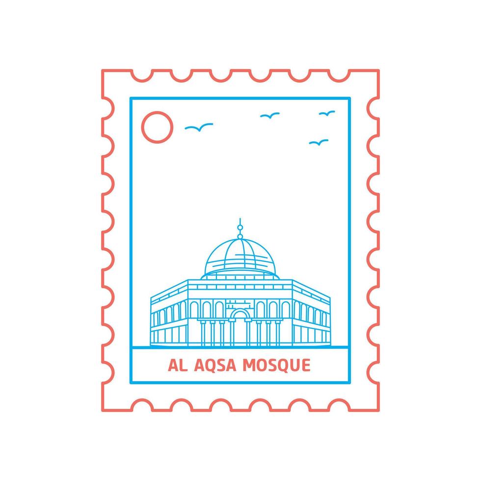 AL AQSA MOSQUE postage stamp Blue and red Line Style vector illustration