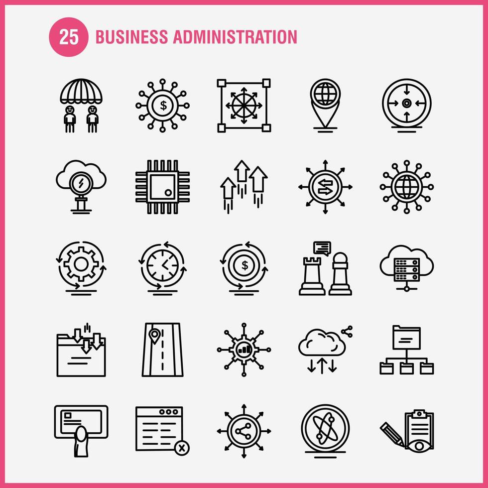 los iconos de la línea de administración empresarial establecidos para infografías kit uxui móvil y diseño de impresión incluyen enrutador en la nube red internet flecha enfoque dirección objetivo colección infografía moderna lo vector