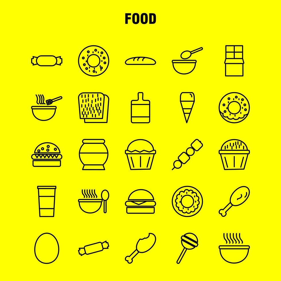 los iconos de la línea de alimentos establecidos para el kit de uxui móvil de infografía y el diseño de impresión incluyen barbacoa, carne, comida, comida, horno, cocina, comida, comida, colección, moderno, infografía, logotipo, y, pictogram, vector