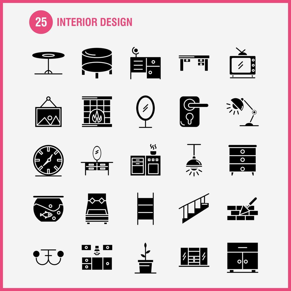 diseño de interiores iconos de glifo sólido establecidos para infografías kit de uxui móvil y diseño de impresión incluyen dormitorio armario muebles casa armario televisión tv casa conjunto de iconos vector