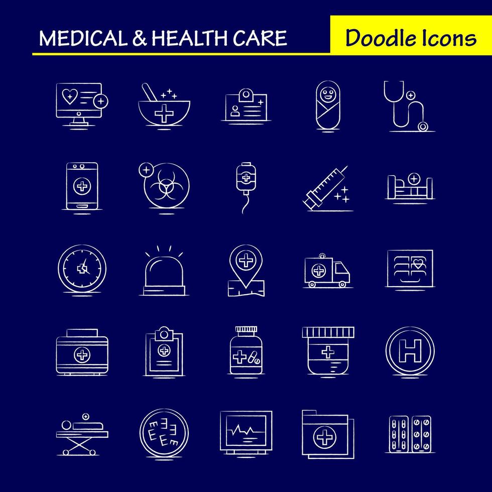 icono dibujado a mano de atención médica y de salud para impresión web y kit de uxui móvil, como el cuidado del corazón, medicina médica, tabletas de hospital, paquete de pictogramas médicos, vector