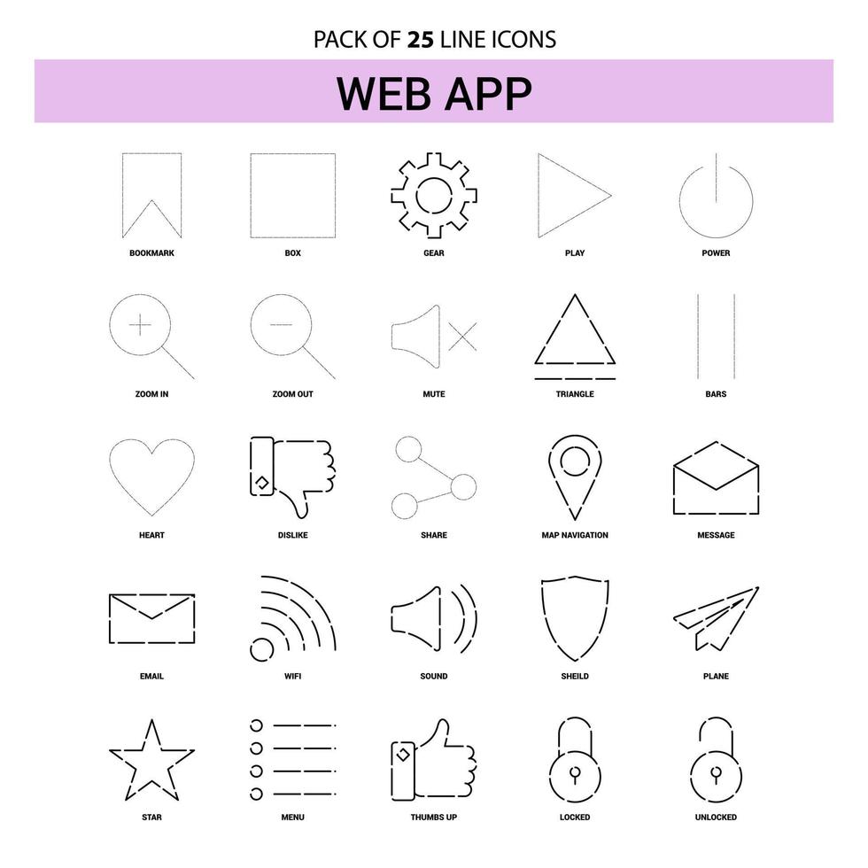 conjunto de iconos de línea de aplicación web 25 estilo de contorno discontinuo vector