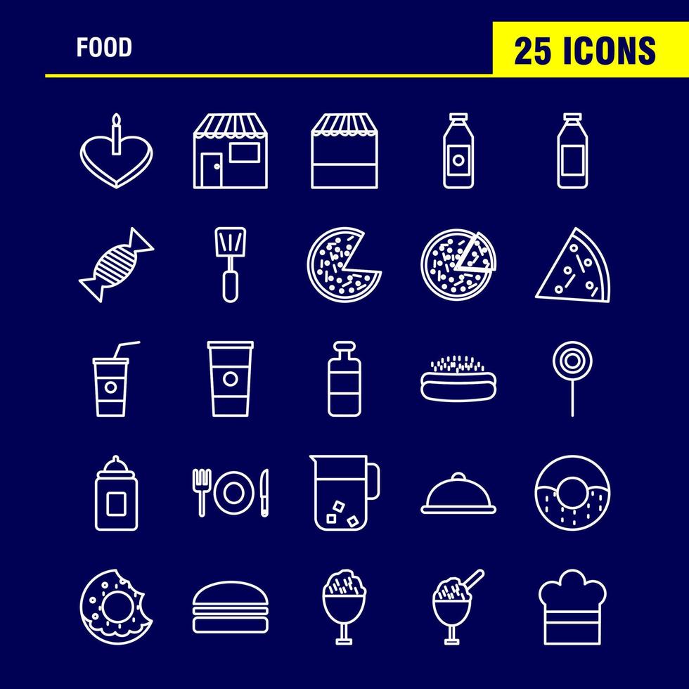 los iconos de la línea de alimentos establecidos para el kit de uxui móvil de infografía y el diseño de impresión incluyen comida, helado, comida, comida, sopa, comida, colección de alimentos, logotipo infográfico moderno y vector de pictograma.