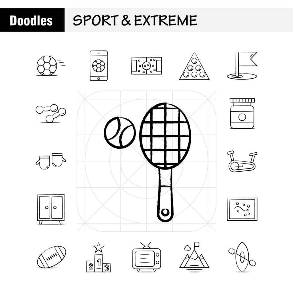 iconos dibujados a mano extrema y deportiva establecidos para infografía kit uxui móvil y diseño de impresión incluyen juego de pelota de fútbol deporte juego móvil juego en línea conjunto de iconos vector