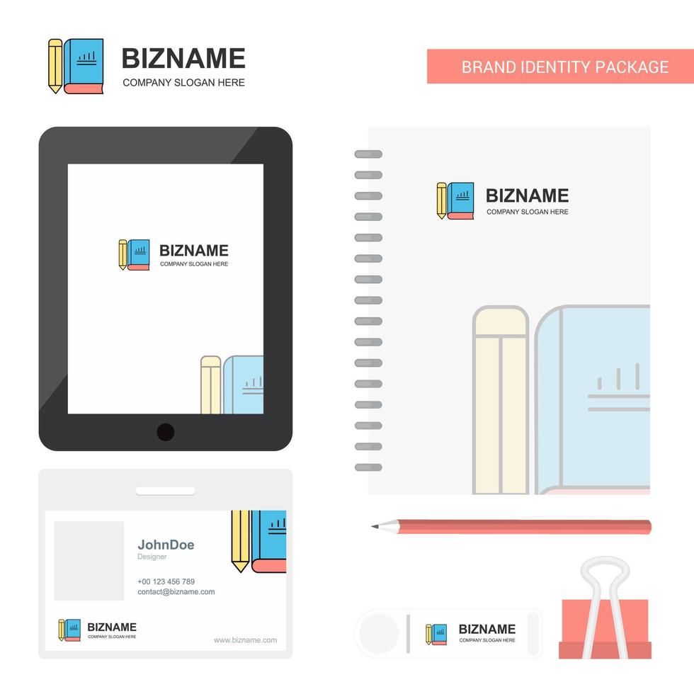 Book and pencil Business Logo Tab App Diary PVC Employee Card and USB Brand Stationary Package Design Vector Template