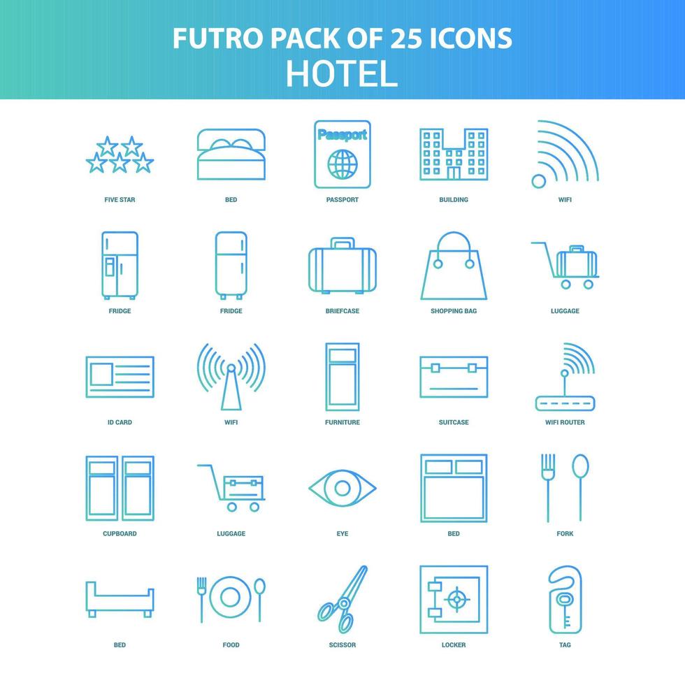 paquete de 25 iconos de hotel futuro verde y azul vector