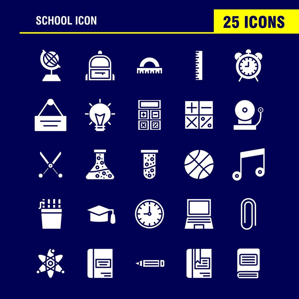 icono de la escuela paquete de iconos de glifo sólido para diseñadores y desarrolladores iconos de educación globo escolar mochila bolsa aprender vector de escuela de aprendizaje