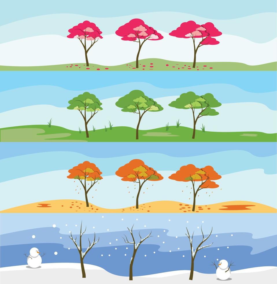 four season landscape winter, summer, spring, fall, autum, with trees and envitonment vector