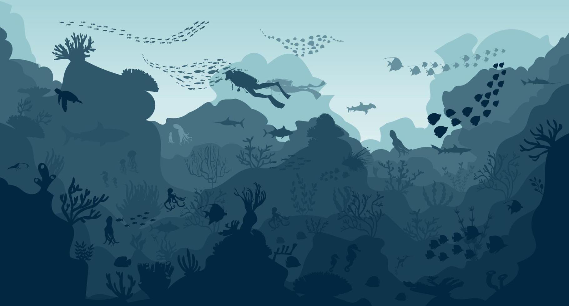 silhouette of coral reef with fish on blue sea background underwater vector illustration