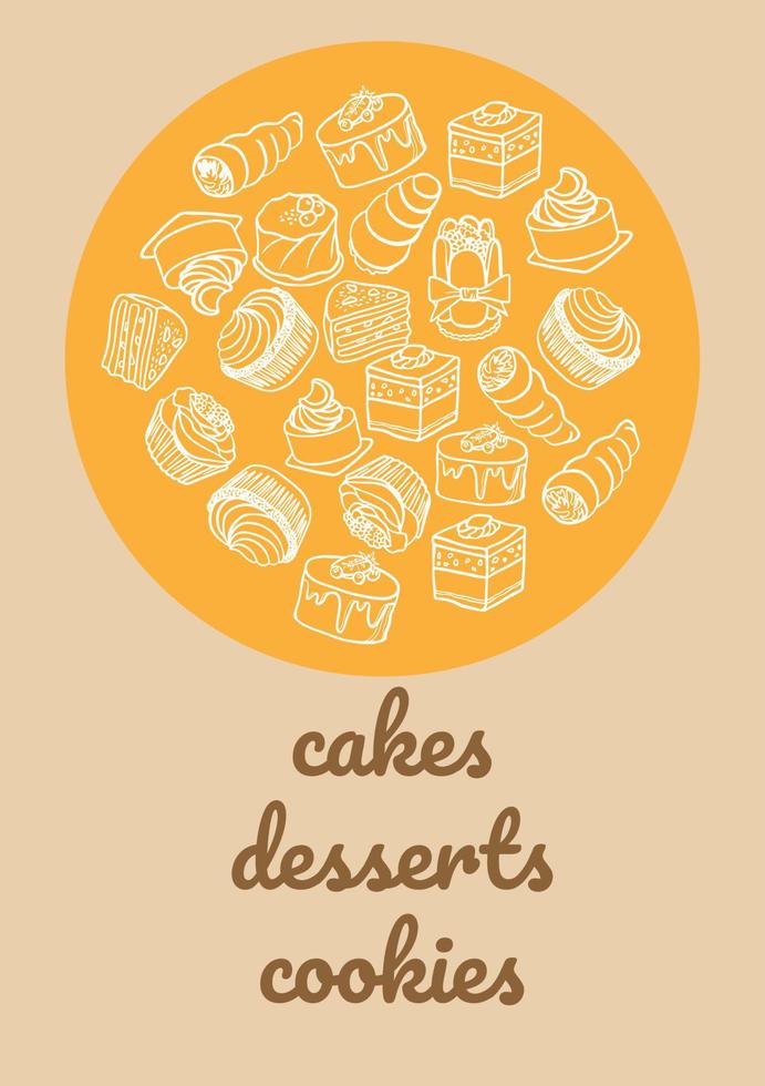 Poster vector template with cakes. Advertising for bakery shop or cafe.