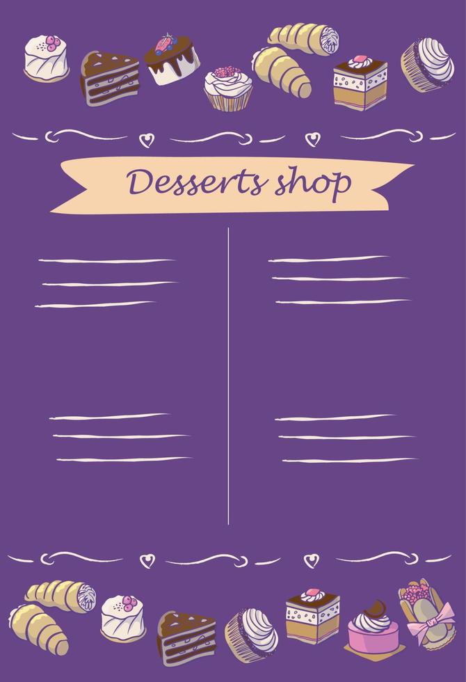 Bakery Shop Dessert menu template - cupcakes, cakes, ice-cream and cookies, hand drawn vector graphic illustration