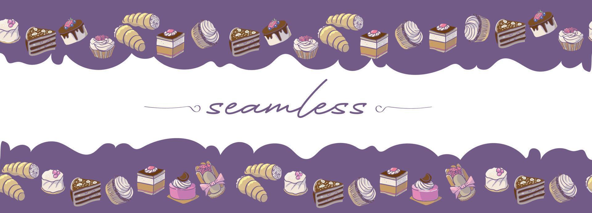 patrón de borde horizontal con rebanadas de pastel y pastel. fondo con dulces de panadería. vector