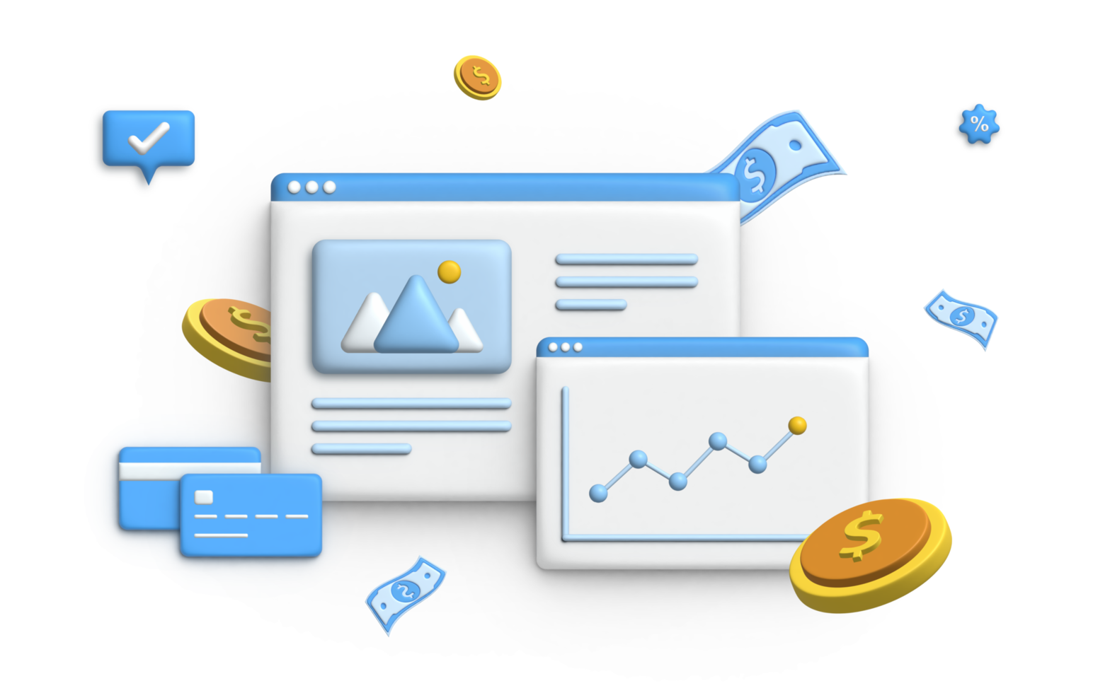 Concept de gestion financière d'illustration 3d et investissement, modèle de bannière de paiement avec de l'argent. png