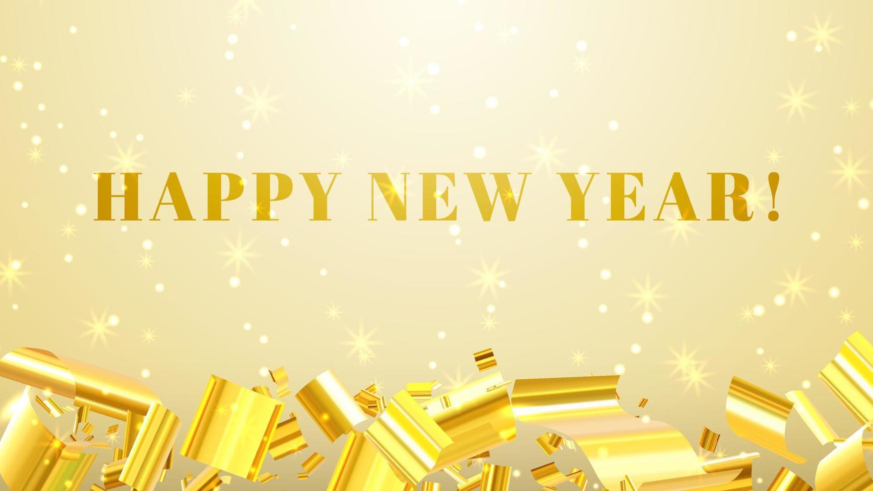 confeti realista dorado con destellos y feliz año nuevo sobre fondo blanco vector
