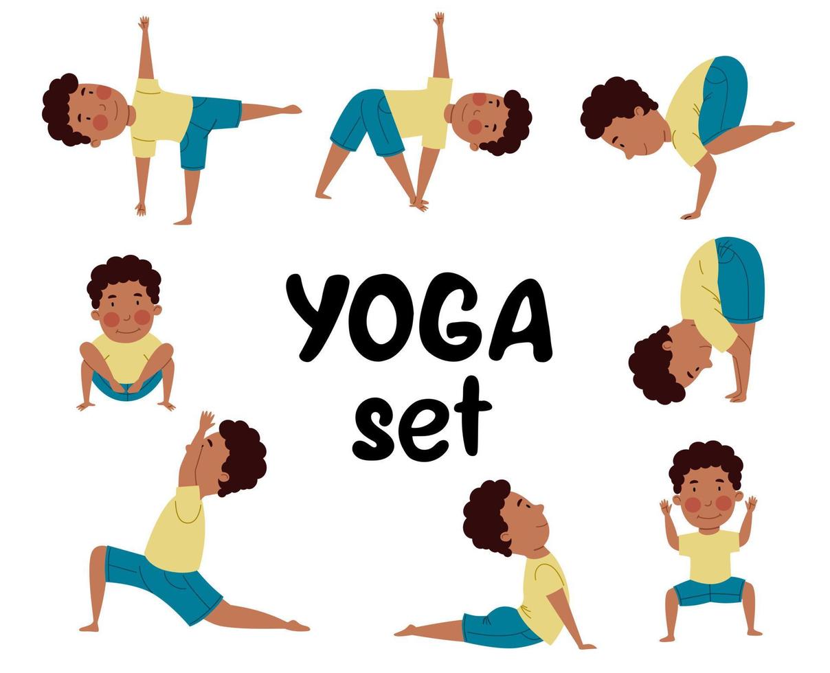A set with yoga poses. The child is engaged in sports. vector