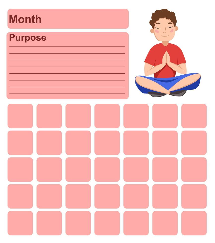 Annual wall planner for one month. Template with an illustration of a man in the Lotus position. Vector illustration .eps10