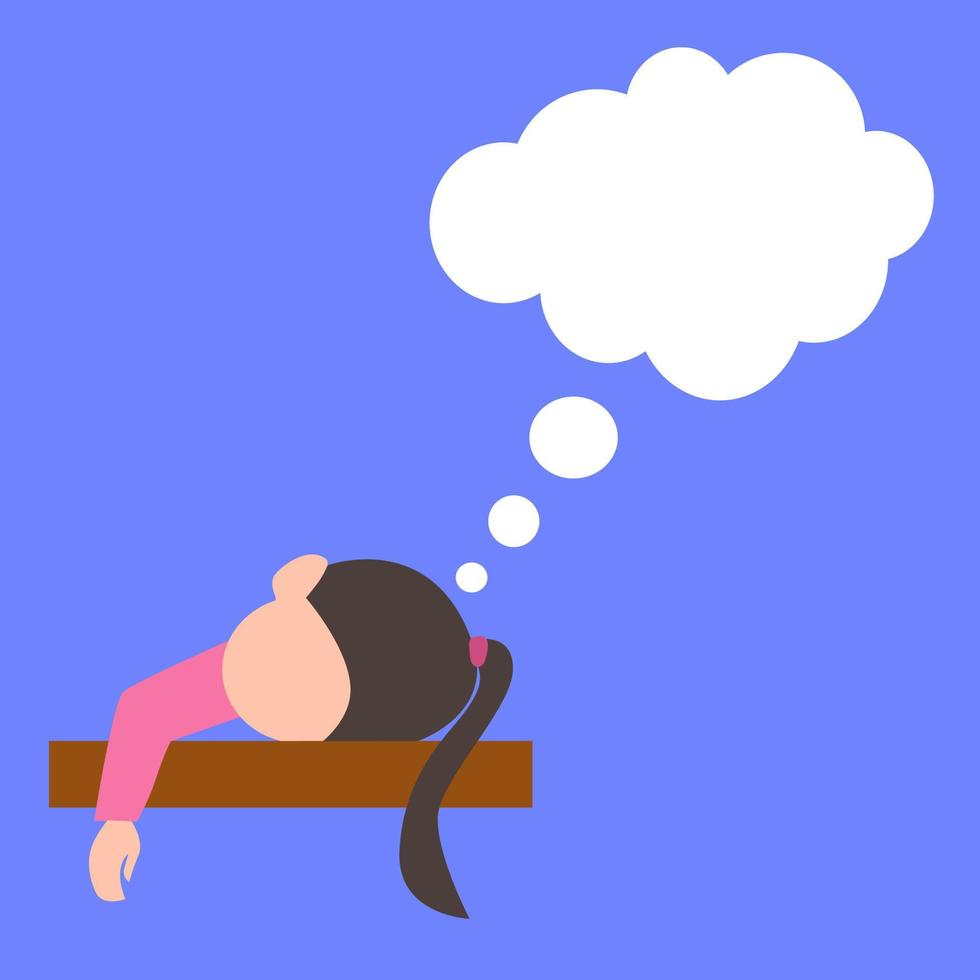 A brunette sleeps in the classroom. The student fell asleep at his Desk . Waist-high people. white cloud for text. Vector illustration on a blue isolated background.