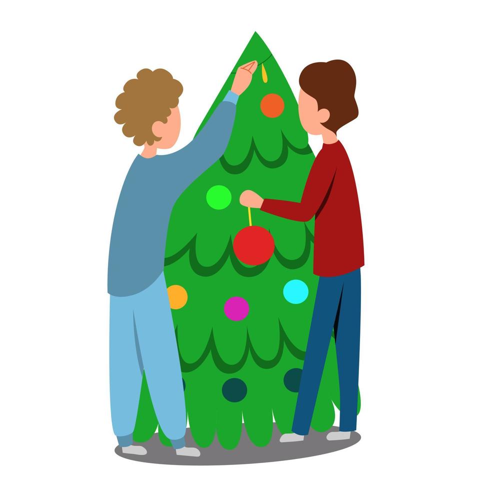 A young couple is decorating a Christmas tree. Two men without a face hang toys, preparing for the new year. vector