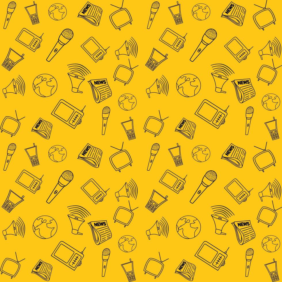 A news pattern consisting of a microphone, TV, radio, newspaper, phone, speaker, and planet. Vector pattern on an orange isolated background.