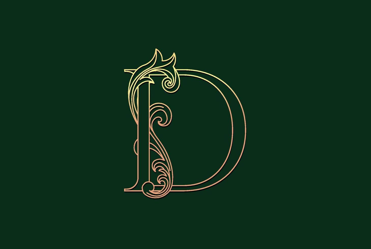 letra inicial de lujo elegante dorado d con logotipo de adorno floral en espiral y fondo verde oscuro vector