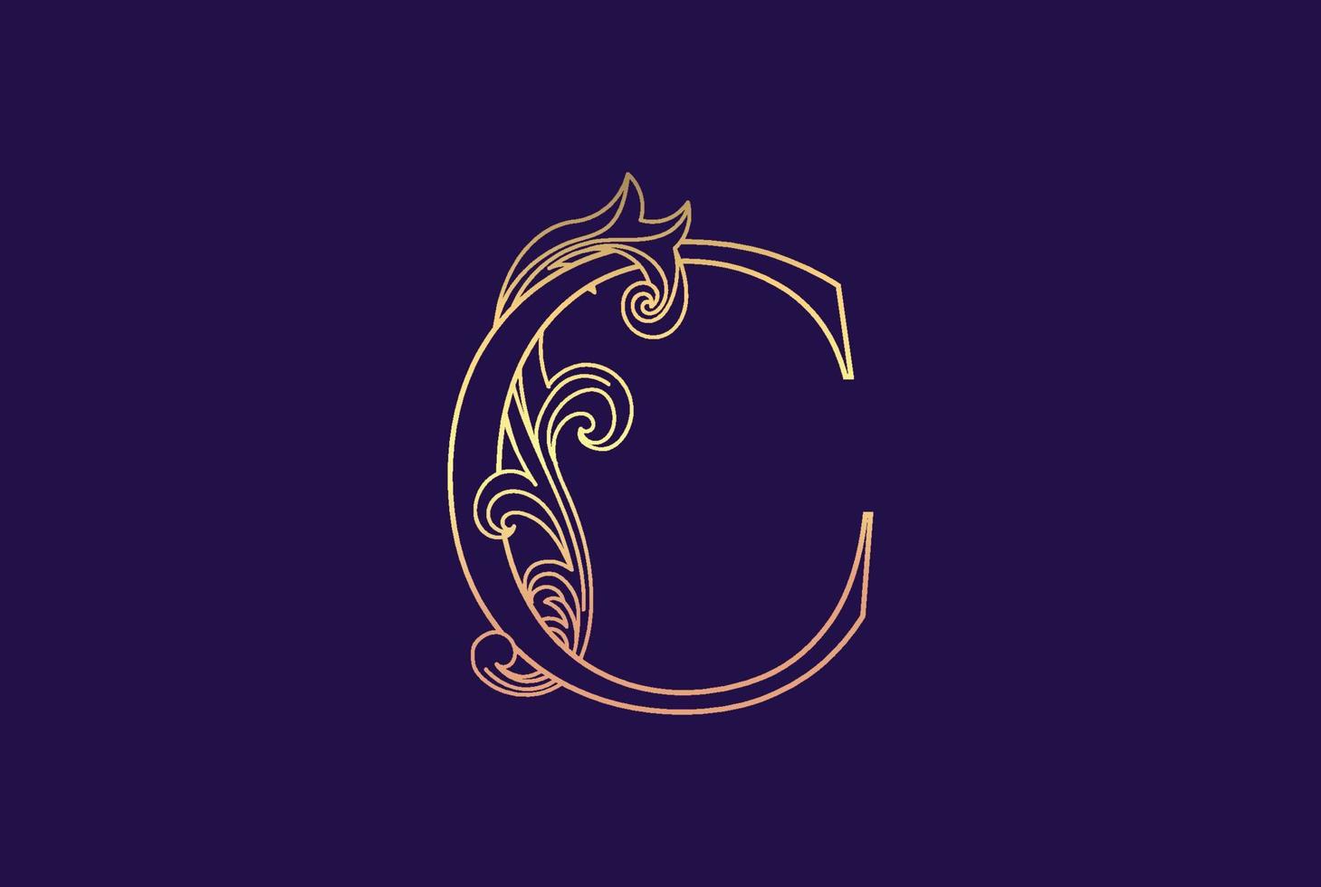 Golden Elegant Luxury Initial Letter C with Swirl Floral Ornament Logo and Dark Violet Background vector