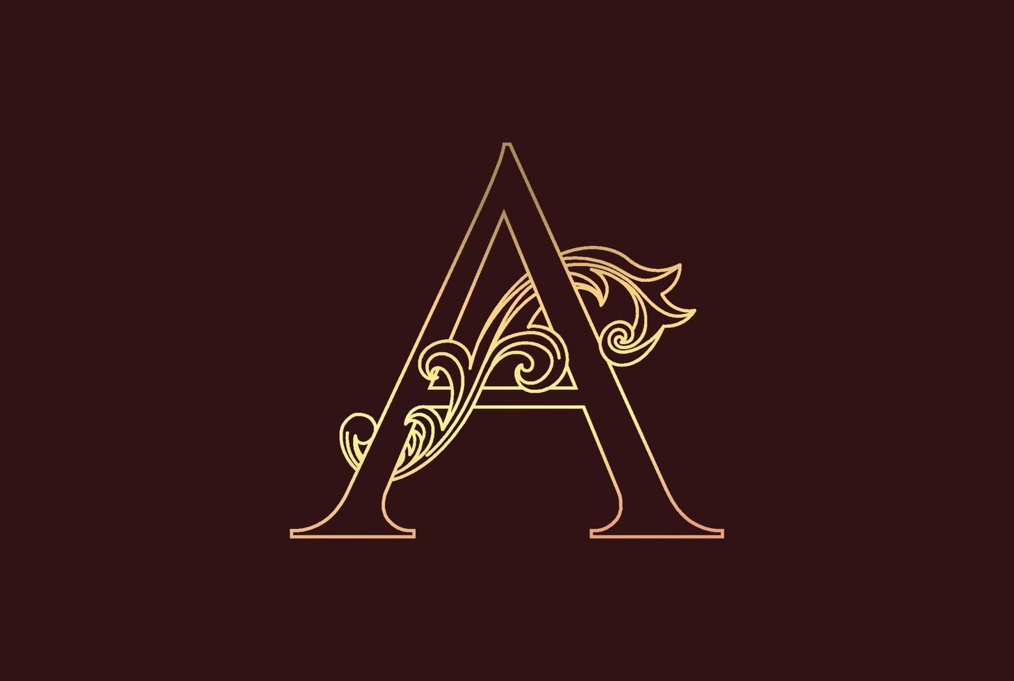 Golden Elegant Luxury Initial Letter A with Swirl Floral Ornament Logo and Dark Red Background vector