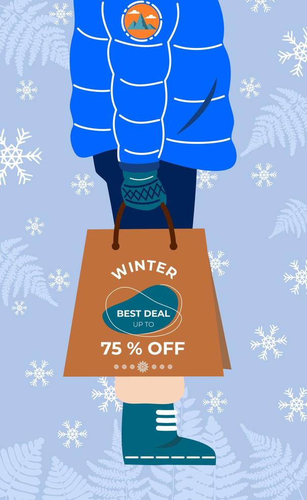 Winter sale background with man and paper bag, for posters, banners, flyers, templates and others. vector