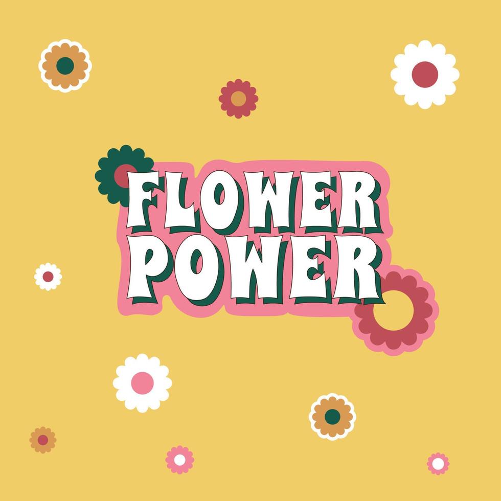 Hippy print, logo with the quote Flower Power. etro sticker design in the style of 1960s, 1970s. vector