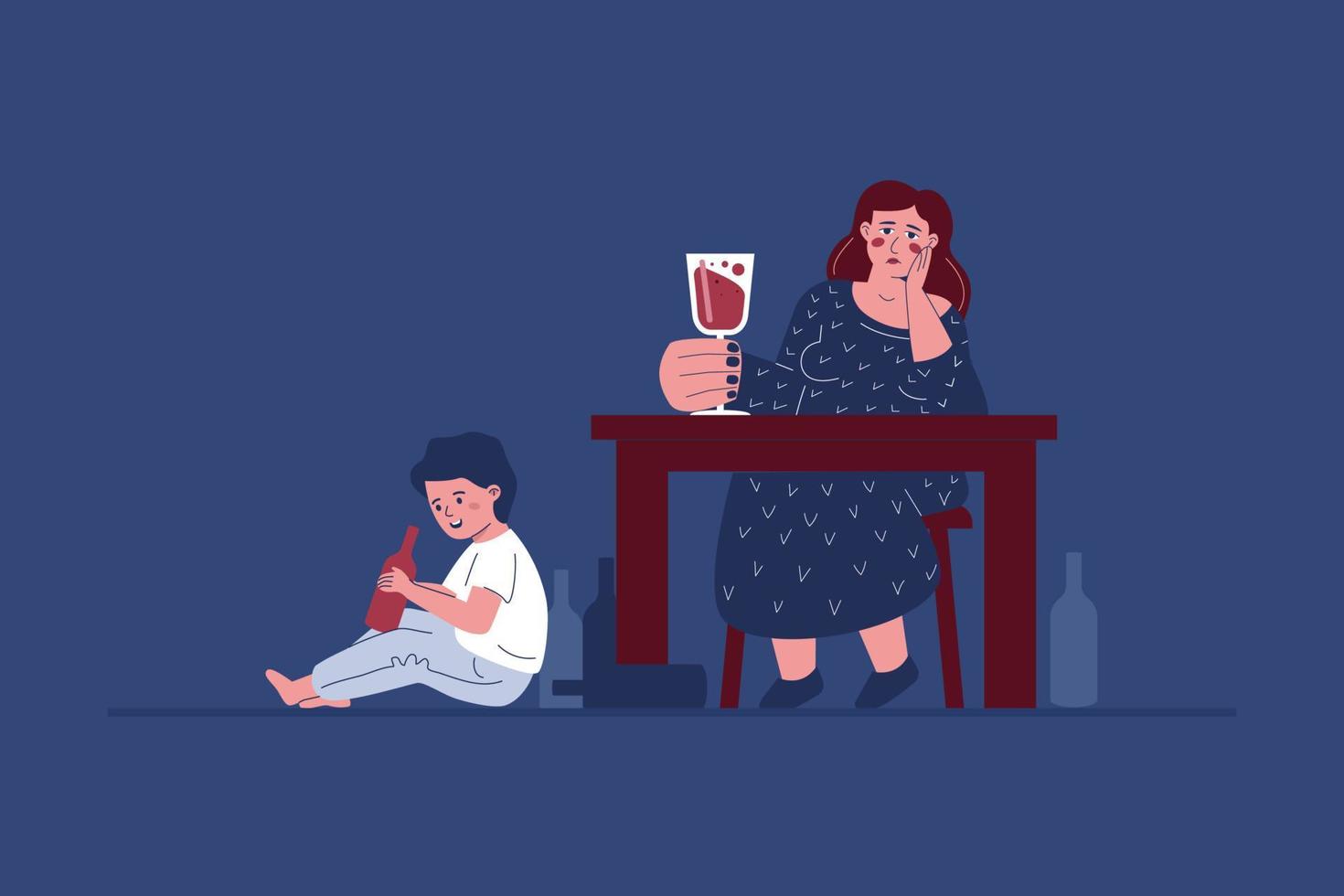 una madre alcohólica y un niño jugando con una botella de licor, metáfora de la transmisión de traumas y adicciones a generaciones. un símbolo de una familia disfuncional. vector