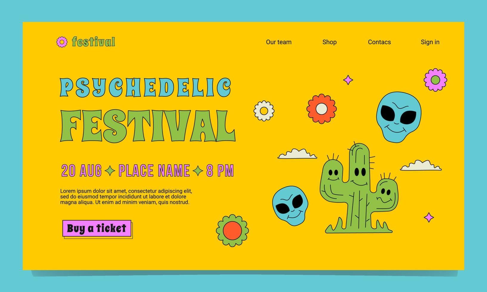 A psychedelic landing page template in the 60s, 70s. A acid outlined illustration with a smiling cactus, crazy aliens, flowers. vector