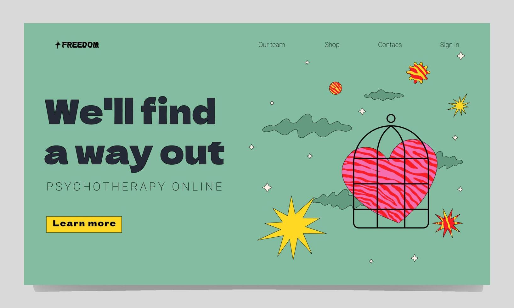 The template of the landing page for psychotherapy, coaching. Surreal futuristic illustration with a heart in a cage surrounded by stars, clouds. vector