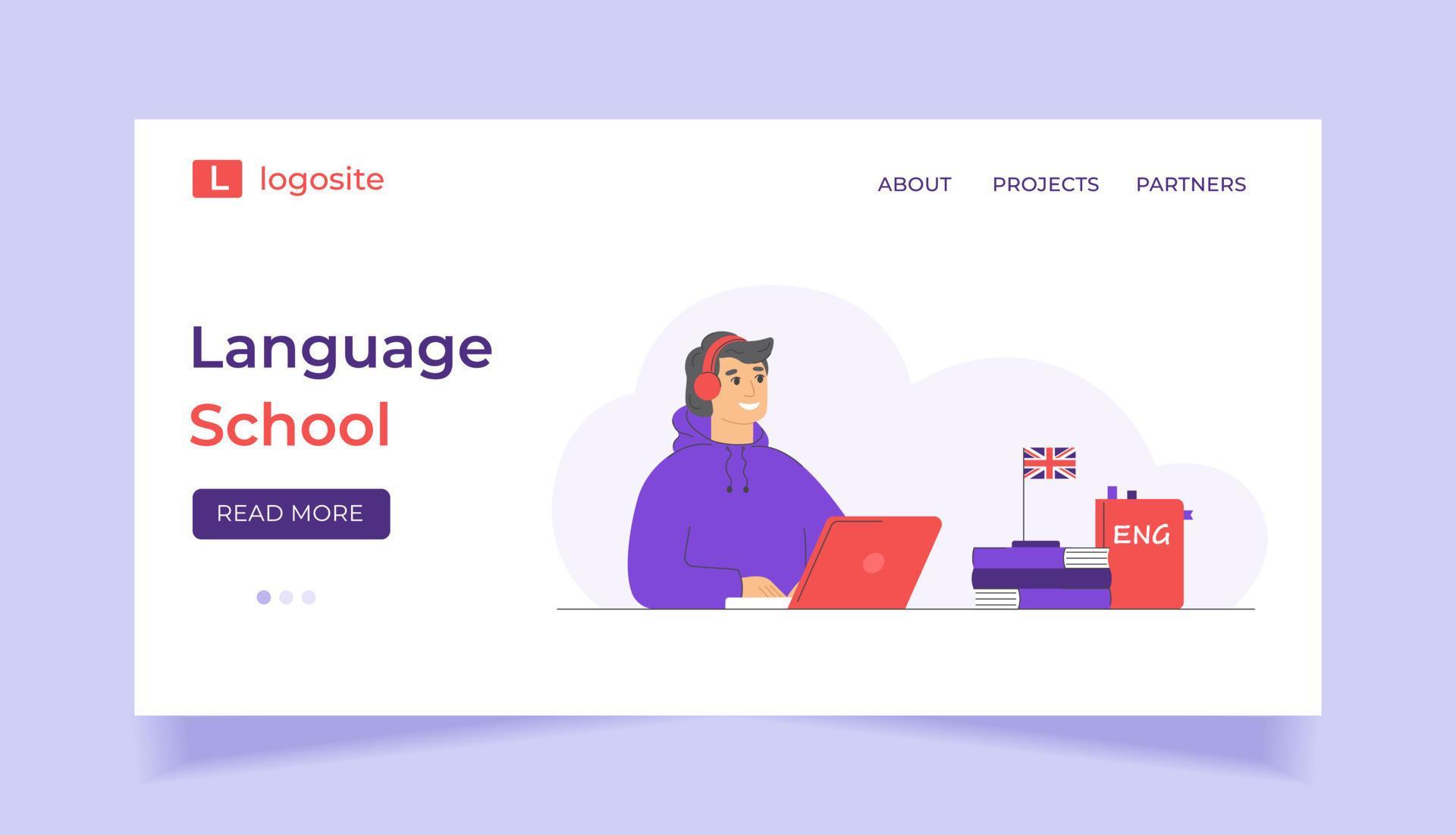 Online language school concept for Landing page or website template. Site with courses in
