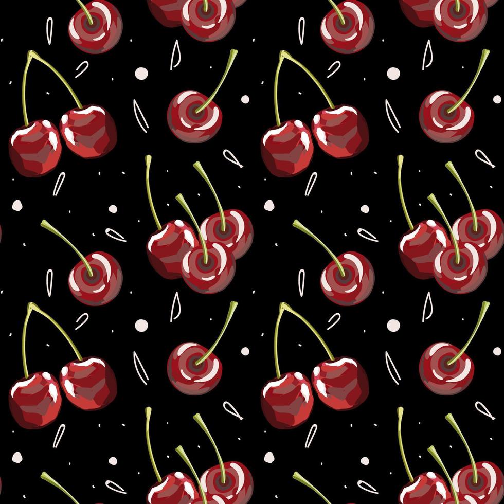 Cherries seamless pattern on a black background. Berries background. Print for packaging, labels, wallpaper, napkins, paper, textiles and etc. vector