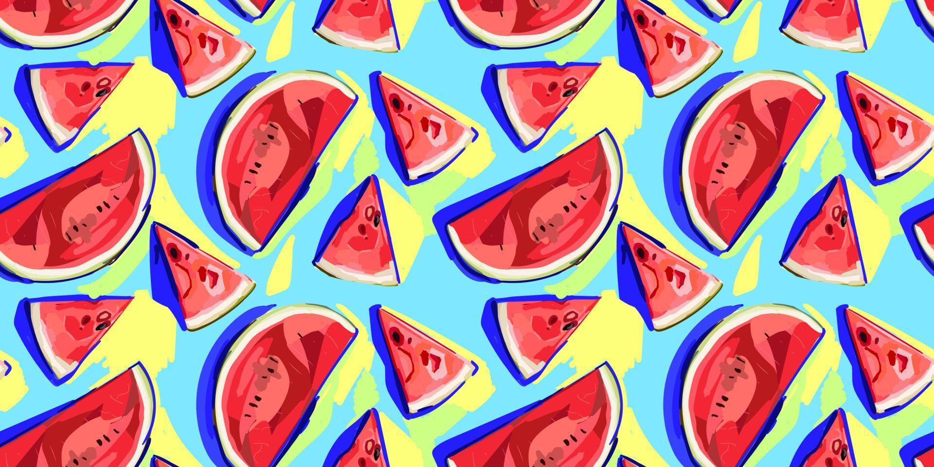 Watermelon half and slices seamless pattern. Red watermelon piece with bite. Illustration of watermelon freshness nature. Cartoon style. vector