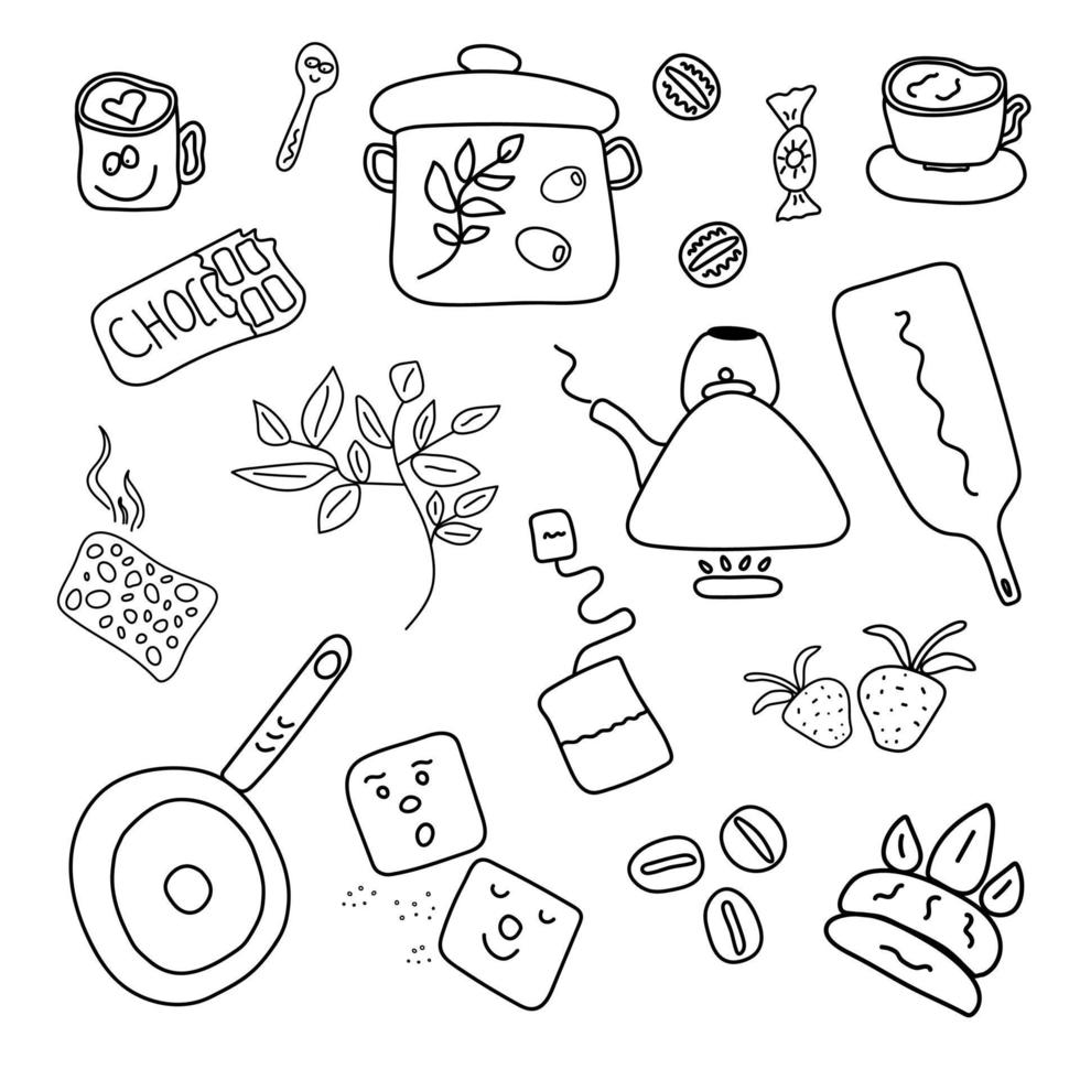 Set of kitchen utensils and food vector